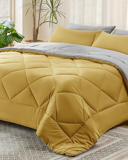 Bedsure Mustard Yellow California King Comforter Set - 7 Pieces Reversible Cal King Bed in a Bag, Cal King Mustard Yellow and Grey Bed Set with Comforters, Sheets, Pillowcases & Shams - LeafyLoom