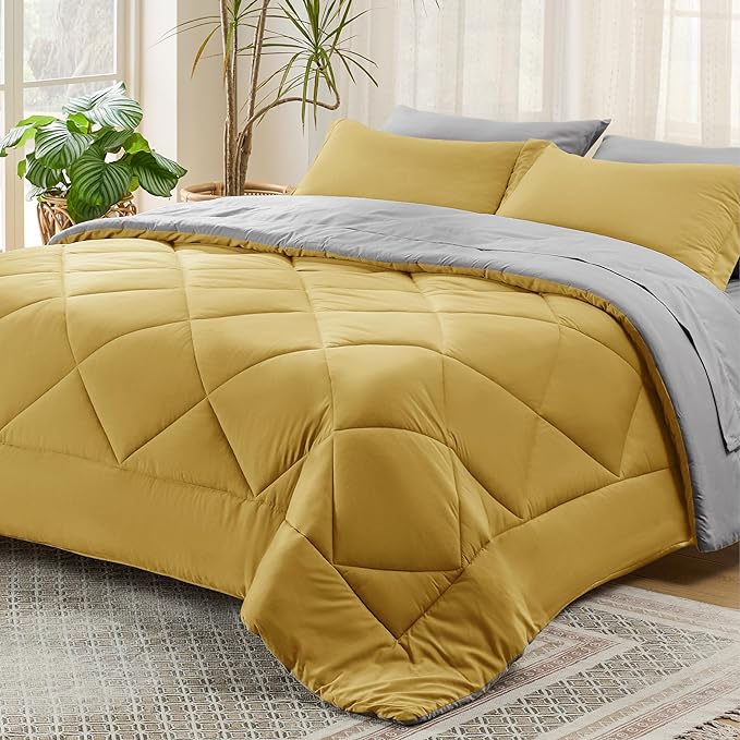 Bedsure Mustard Yellow California King Comforter Set - 7 Pieces Reversible Cal King Bed in a Bag, Cal King Mustard Yellow and Grey Bed Set with Comforters, Sheets, Pillowcases & Shams - LeafyLoom