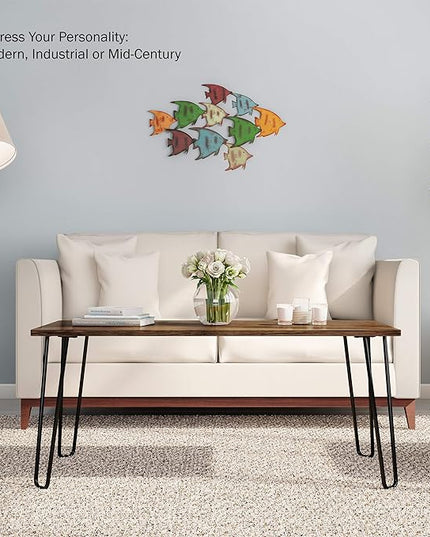 Lavish Home Coffee Table with Hairpin Legs-Modern Industrial Style Home Decor-Woodgrain-Look and Steel Accent Living Room Furniture, 41", Brown - LeafyLoom
