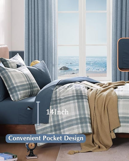 Blue King Size Comforter Set, Plaid King Bed Sets for Boys & Girls,Classic Homestead-Style King Sized Comforter Bedding Set with Sheets and Comforter Sets - LeafyLoom