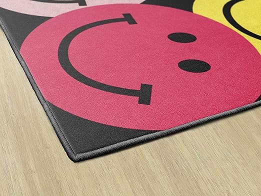 Flagship Carpets Schoolgirl Style Big Rainbow Smiley Faces Educational Area Rug for Kids Room Seating Décor, Children's Classroom, Play Carpet for Teaching and Playroom, 7'6" x 12', Black & Multi - LeafyLoom