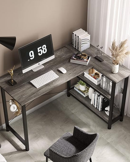 COTUBLR L Shaped Computer Desk, 47 Inch Small Corner Desk with Storage Shelves, Computer Desk Table Laptop Table Writing Desk Study Table for Home Office Workstation Small Spaces (Grey Oak) - LeafyLoom