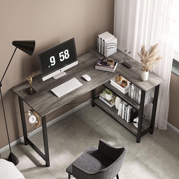 COTUBLR L Shaped Computer Desk, 47 Inch Small Corner Desk with Storage Shelves, Computer Desk Table Laptop Table Writing Desk Study Table for Home Office Workstation Small Spaces (Grey Oak) - LeafyLoom