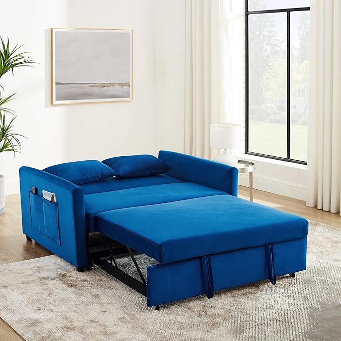 Sleeper Couch Pull-Out Sofa Bed 3-in-1 Versatile Multi-Functional Velvet, Convertible 54'' Loveseat Chaise Lounge with Adjustable Backrest Lumbar Pillows,for Living Room Side Pockets,Small Space - LeafyLoom