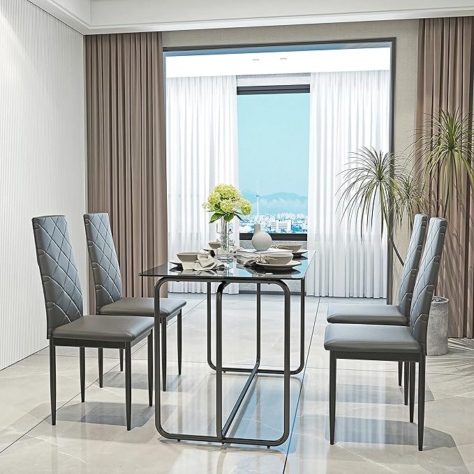 NicBex Small Kitchen Table Set for 4 Dining Room Set 5-Piece Rectangle Dining Table Set with Metal Frame, Tempered Glass Dining Table for Kitchen, Living Room, Black - LeafyLoom