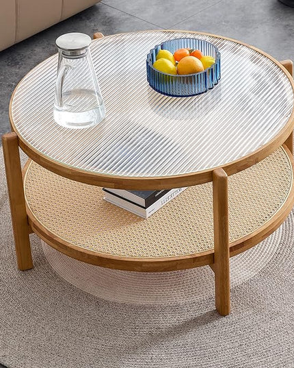 35'' Modern Round Coffee Table with Textured Glass Tabletop, 2 Tier Center Table for Living Room with Rattan Woven Storage Shelf, Wood Frame Natural Wood Coffee Table, Natural Wood - LeafyLoom