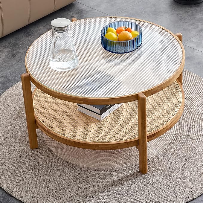 35'' Modern Round Coffee Table with Textured Glass Tabletop, 2 Tier Center Table for Living Room with Rattan Woven Storage Shelf, Wood Frame Natural Wood Coffee Table, Natural Wood - LeafyLoom