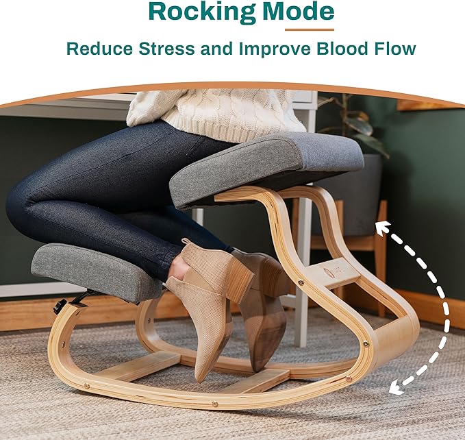 Ergonomic Kneeling Chair - A Rocking Ergo Knee Chair and Wooden Desk Chair designed for Home Office Study and Posture Chair Support, Comfortable to Reduce Neck and Back Pressure - Grey - LeafyLoom