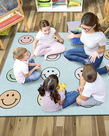 Flagship Carpets Schoolgirl Style Pastel Rainbow Smileys Criss-Cross Applesauce Educational Area Rug for Kids Room, Children's Classroom for Teaching and Playroom, 5' x 7'6", Multi, Seats 20 - LeafyLoom