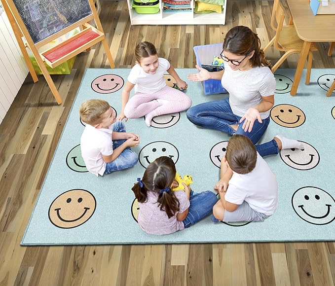 Flagship Carpets Schoolgirl Style Pastel Rainbow Smileys Criss-Cross Applesauce Educational Area Rug for Kids Room, Children's Classroom for Teaching and Playroom, 5' x 7'6", Multi, Seats 20 - LeafyLoom
