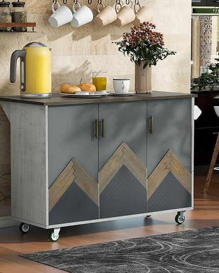 Retro Mountain Wood 47" D Rolling Island with Drop Leaf, Farmhouse Cart on Wheels with Internal Storage Towel Rack for Kitchen, Dining Room, White, 51.57 Inch - LeafyLoom