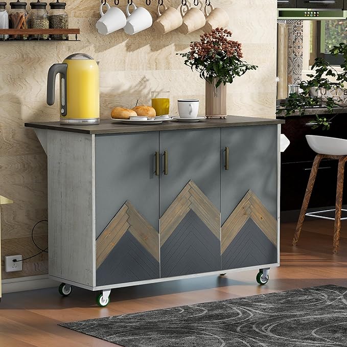 Retro Mountain Wood 47" D Rolling Island with Drop Leaf, Farmhouse Cart on Wheels with Internal Storage Towel Rack for Kitchen, Dining Room, White, 51.57 Inch - LeafyLoom