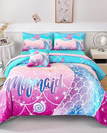 RYNGHIPY Kids Girls Comforter Set 6Pcs, Mermaid Bed in a Bag Twin Size, Fish Tail Print Teens Girls Bedding Set, Rainbow Bedding Collections - LeafyLoom