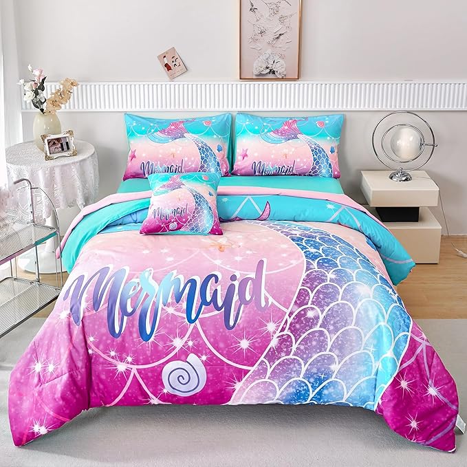 RYNGHIPY Kids Girls Comforter Set 6Pcs, Mermaid Bed in a Bag Full Size, Fish Tail Print Teens Girls Bedding Set, Rainbow Bedding Collections - LeafyLoom