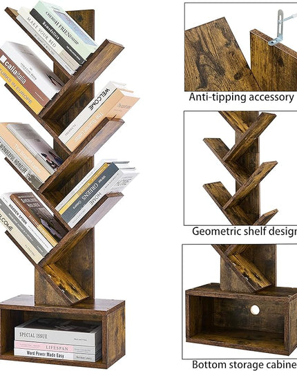 Hoctieon 6 Tier Tree Bookshelf, Tall Bookcase with Drawer, Freestanding Book Shelf, Display Floor Standing Storage Shelf, Book Organizer Shelves for Home Office, Rustic Brown - LeafyLoom