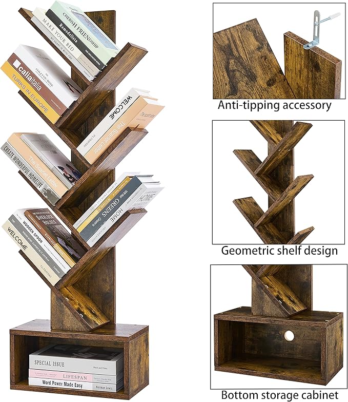 Hoctieon 6 Tier Tree Bookshelf, Tall Bookcase with Drawer, Freestanding Book Shelf, Display Floor Standing Storage Shelf, Book Organizer Shelves for Home Office, Rustic Brown - LeafyLoom