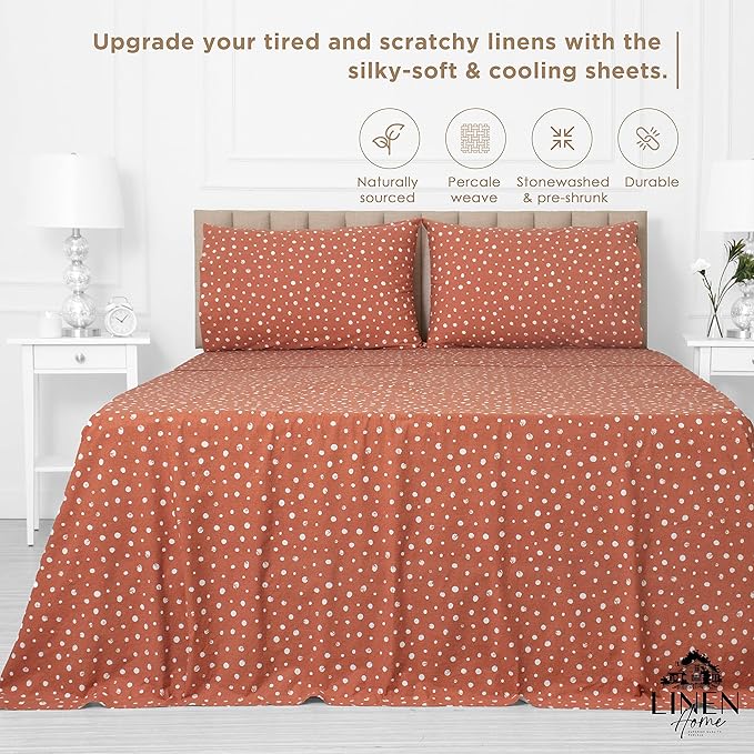 Linen Home Cotton Lyocell Blend Percale Printed Sheet Set, Pre-Washed & Shrunk, Cooling Bed Sheets, Full Size, 4 Pieces - 1 Flat, 1 Deep Pocket Fitted Sheet, 2 Pillowcases, Polka Cedarwood - LeafyLoom