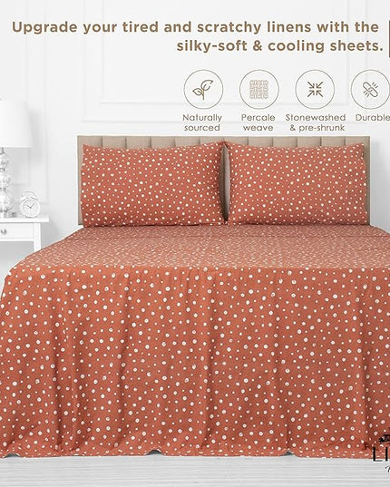 Linen Home Cotton Lyocell Blend Percale Printed Sheet Set, Pre-Washed & Shrunk, Cooling Bed Sheets, Twin Size, 3 Pieces - 1 Flat, 1 Deep Pocket Fitted Sheet, 1 Pillowcase, Polka Cedarwood - LeafyLoom