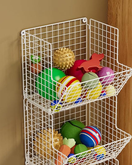 3 Tier Rolling Wire Toy Organizer Basket - with Wheel, S-Hooks, Toy Storage Cart Wall Bookshelf for Kids Room, Playroom, Bedroom (White, Standard) - LeafyLoom