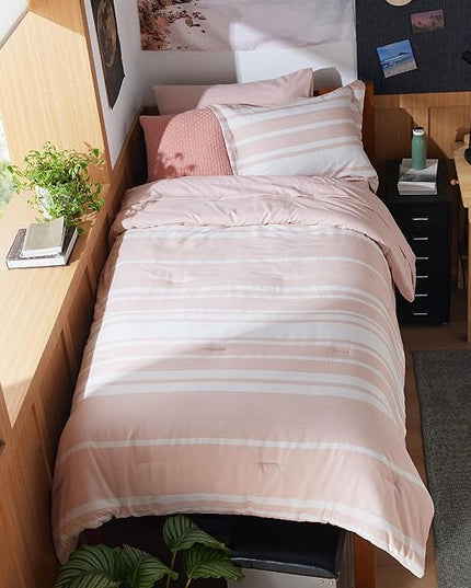 Bedsure Twin XL Comforter Set for College Girls, Pink Striped Bedding Comforter Sets All Season Bed Set with 1 Pillow Sham, Flat Sheet, Fitted Sheet and 1 Pillowcase - LeafyLoom