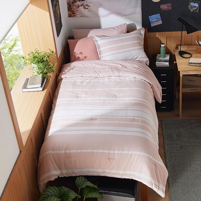 Bedsure Twin XL Comforter Set for College Girls, Pink Striped Bedding Comforter Sets All Season Bed Set with 1 Pillow Sham, Flat Sheet, Fitted Sheet and 1 Pillowcase - LeafyLoom