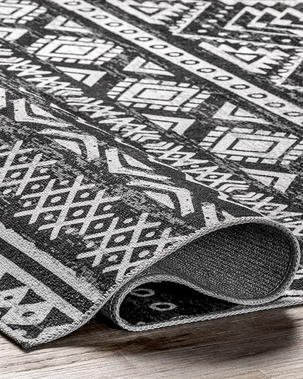nuLOOM Madlyn Tribal Machine Washable Ultra Thin Area Rug, 4' x 6', Charcoal - LeafyLoom