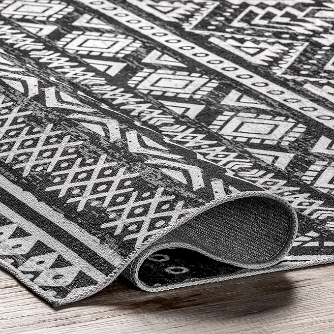 nuLOOM Madlyn Tribal Machine Washable Ultra Thin Area Rug, 6' x 9', Charcoal - LeafyLoom