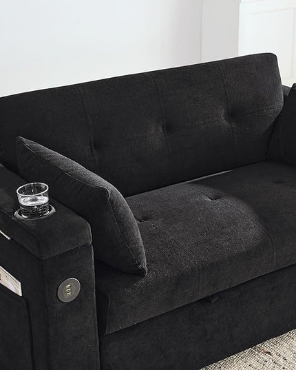 4 in 1 Multifunctional Convertible Loveseat Sleeper Sofa Bed,Soft Chenille Tufted Love Seats Sofabed W/Pull Out Sleep Couch,Armrests Storage,Cupholders,USB Ports,Pillows and Side Pockets - LeafyLoom