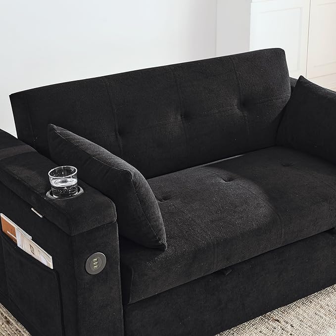 4 in 1 Multifunctional Convertible Loveseat Sleeper Sofa Bed,Soft Chenille Tufted Love Seats Sofabed W/Pull Out Sleep Couch,Armrests Storage,Cupholders,USB Ports,Pillows and Side Pockets - LeafyLoom