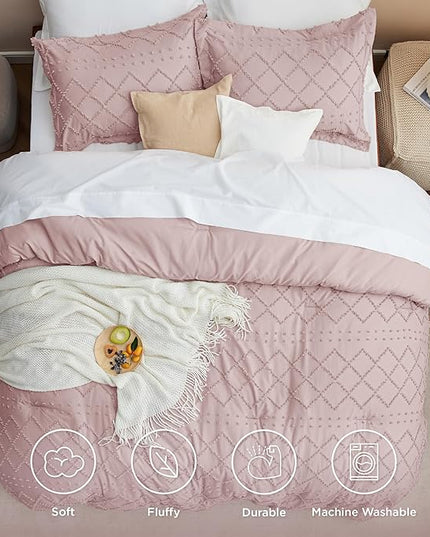 Bedsure Full Size Comforter Set - Dusty Rose Comforter, Boho Tufted Shabby Chic Bedding Comforter Set, 3 Pieces Vintage Farmhouse Bed Set for All Seasons, Fluffy Soft Bedding Set with 2 Pillow Shams - LeafyLoom