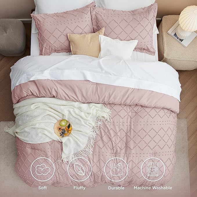 Bedsure Queen Comforter Set - Dusty Rose Boho Comforter, Tufted Shabby Chic Bedding Comforter Set, 3 Pieces Vintage Farmhouse Bed Set for All Seasons, Fluffy Soft Bedding Set with 2 Pillow Shams - LeafyLoom