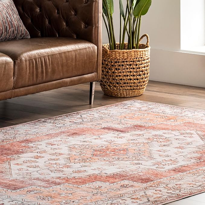 nuLOOM Dania Machine Washable Medallion Ultra Thin Area Rug, 4' x 6', Rust - LeafyLoom