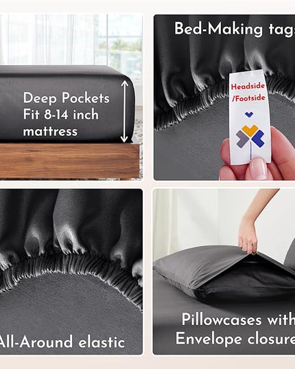 California Design Den Soft 100% Cotton Sheets King Size Bed Sheets Set with Deep Pockets, 4 Piece Grey Sheets with Sateen Weave, Cooling Sheets (Grey) - LeafyLoom