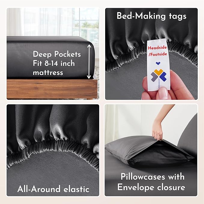 California Design Den Soft 100% Cotton Sheets King Size Bed Sheets Set with Deep Pockets, 4 Piece Grey Sheets with Sateen Weave, Cooling Sheets (Grey) - LeafyLoom