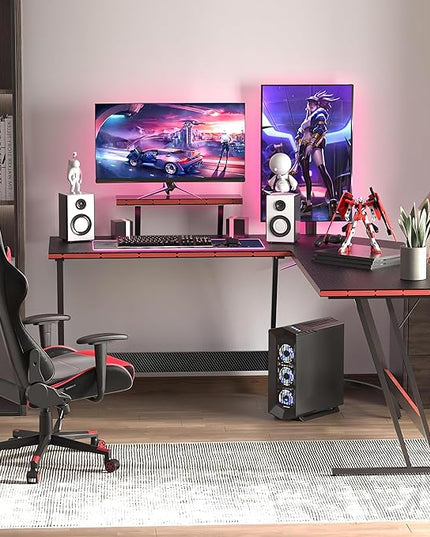 L Shaped Gaming Desk, 51 Inch Computer Corner Table with Large Monitor Stand & Carbon Fiber Surface for Home Office Study Writing Workstation, Black - LeafyLoom