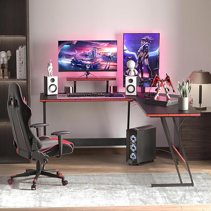 L Shaped Gaming Desk, 51 Inch Computer Corner Table with Large Monitor Stand & Carbon Fiber Surface for Home Office Study Writing Workstation, Black - LeafyLoom