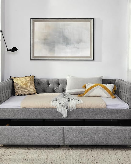 Full Size Upholstered Daybed, Pull Out with Two Storage Drawers, Solid Wood Frame Bed, Tufted Buttons and Copper Nails On Square Arms, for Bedrooms,Apartments - LeafyLoom