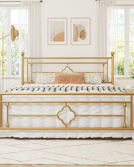 Allewie King Size Metal Platform Bed Frame with Victorian Vintage Headboard and Footboard/Mattress Foundation/Under Bed Storage/No Box Spring Needed/Noise-Free/Easy Assembly, Gold - LeafyLoom
