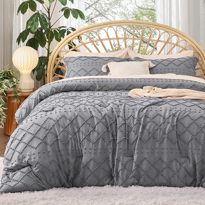Bedsure California King Comforter Set - Grey Comforter, Boho Tufted Shabby Chic Bedding Comforter Set, 3 Pieces Farmhouse Bed Set for All Seasons, Fluffy Soft Bedding Set with 2 Pillow Shams - LeafyLoom