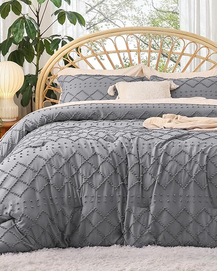 Bedsure Full Size Comforter Set - Grey Comforter, Boho Tufted Shabby Chic Bedding Comforter Set, 3 Pieces Vintage Farmhouse Bed Set for All Seasons, Fluffy Soft Bedding Set with 2 Pillow Shams - LeafyLoom