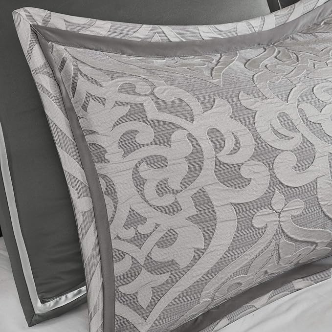 Madison Park Odette Cozy Comforter Set Jacquard Damask Medallion Design - Modern All Season, Down Alternative Bedding, Shams, Decorative Pillows, Queen(90 in x 90 in), Silver 8 Piece - LeafyLoom