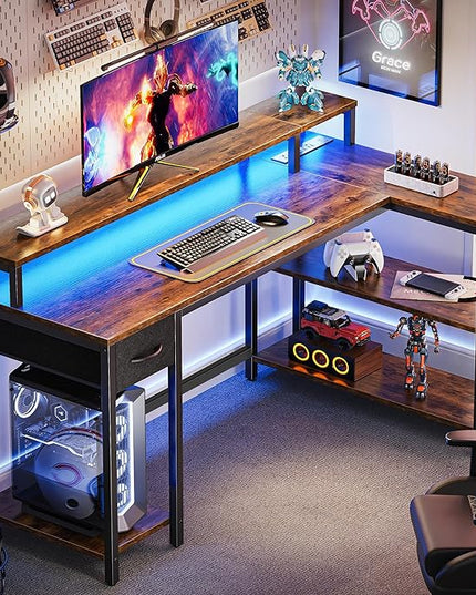 SUPERJARE 53 inch Reversible L Shaped Desk with LED Lights & Power Outlets, Computer Desk with Shelves & Monitor Stand, Gaming Desk with Drawer, Home Office Desk Corner Desk, Rustic Brown - LeafyLoom