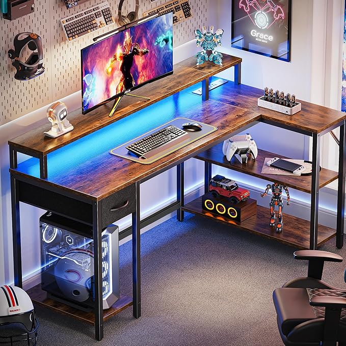 SUPERJARE 53 inch Reversible L Shaped Desk with LED Lights & Power Outlets, Computer Desk with Shelves & Monitor Stand, Gaming Desk with Drawer, Home Office Desk Corner Desk, Rustic Brown - LeafyLoom
