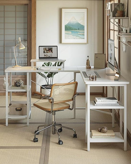 CubiCubi L Shaped Desk, 58.3 inch Computer Corner Desk with 2 Storage Shelves, Home Office Desk with Monitor Stand, White - LeafyLoom