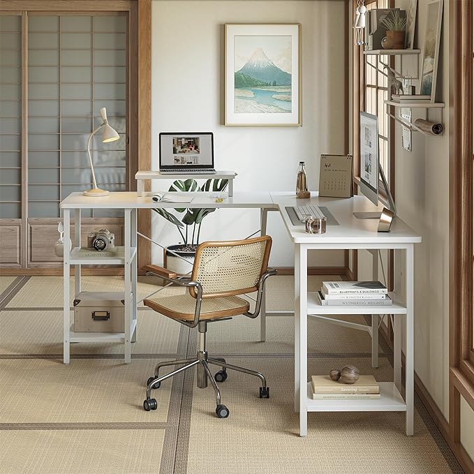 CubiCubi L Shaped Desk, 58.3 inch Computer Corner Desk with 2 Storage Shelves, Home Office Desk with Monitor Stand, White - LeafyLoom