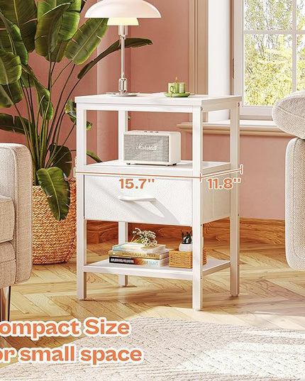 SUPERJARE Nightstand Set of 2, Bed Side Tables with Charging Station, Adjustable Fabric Drawer, Night Stand for Bedroom, 3-Tier Storage End Tables, White - LeafyLoom