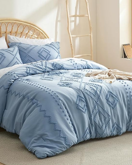 Bedsure Boho Comforter Set Full - Mineral Blue Tufted Bedding Comforter Set, 3 Pieces Farmhouse Shabby Chic Embroidery Bedding Set, Soft Geometric Pattern Comforter for All Seasons - LeafyLoom