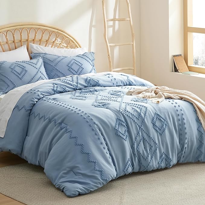 Bedsure Boho Comforter Set Full - Mineral Blue Tufted Bedding Comforter Set, 3 Pieces Farmhouse Shabby Chic Embroidery Bedding Set, Soft Geometric Pattern Comforter for All Seasons - LeafyLoom
