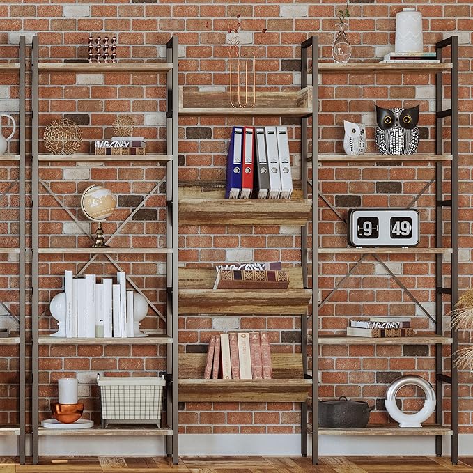 IRONCK Bookcases and Bookshelves Triple Wide 5 Tiers Industrial Bookshelf, Large Etagere Bookshelf Open Record Player Shelves with Metal Frame for Living Room Home Office - LeafyLoom