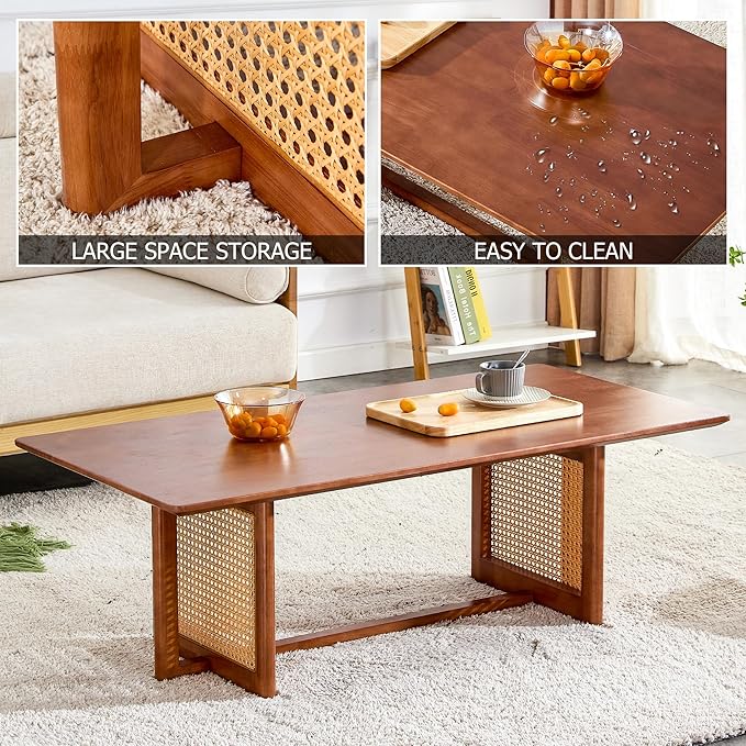 Rattan Coffee Table Rectangular Solid Wood Coffee Table with Cross Table Legs for Living Room Furniture - LeafyLoom